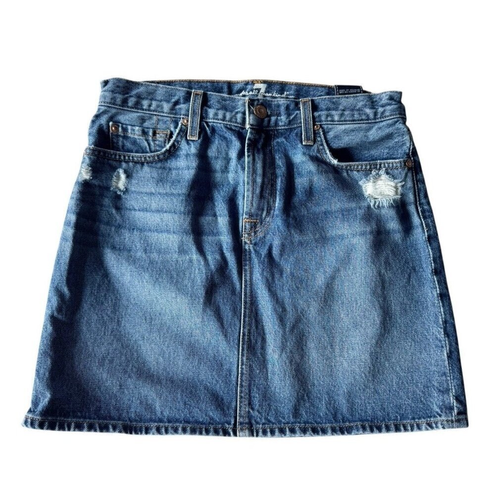 7 For All Mankind Women's Sz 27 Distressed Denim Mini Skirt Y2K Hard Denim